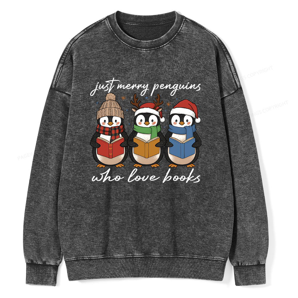 Pagewings Just Merry Penguins Who Love Books Unisex Washed Sweatshirt