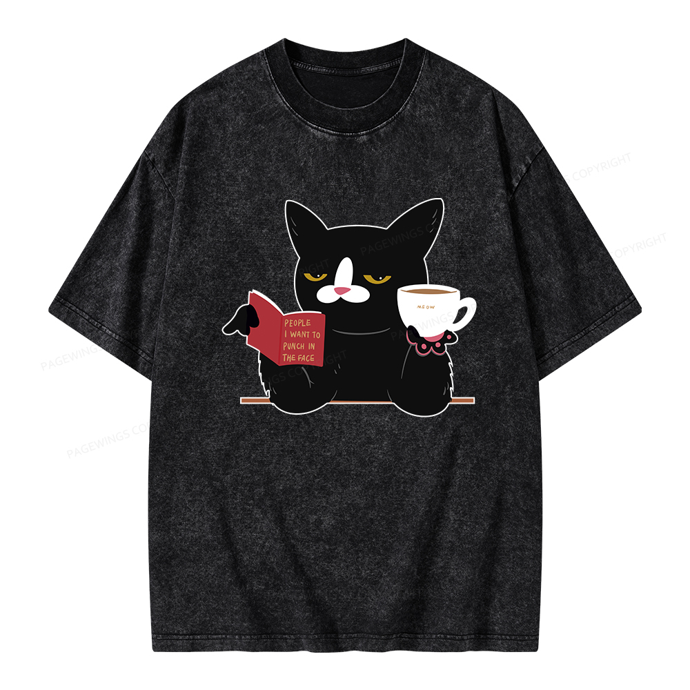 Pagewings A Cat Reading A Book While Drinking Coffee Unisex Washed T-shirt