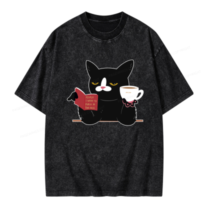 Pagewings A Cat Reading A Book While Drinking Coffee Unisex Washed T-shirt