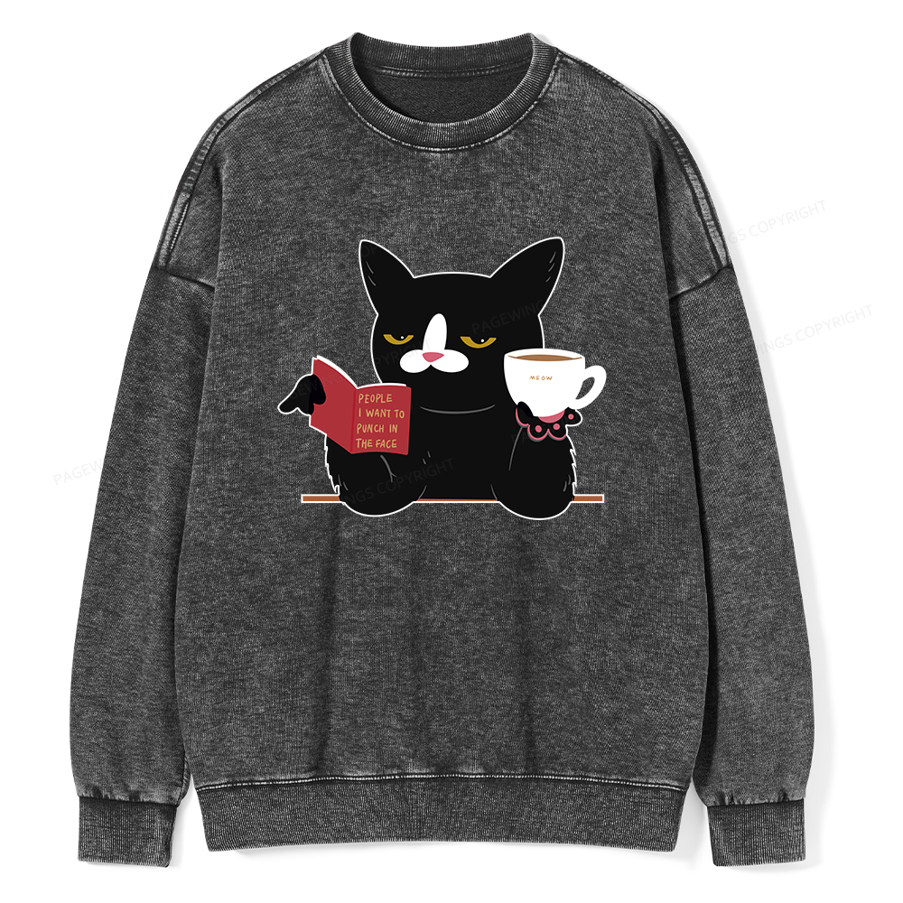 Pagewings A Cat Reading A Book While Drinking Coffee  Unisex Washed Sweatshirt