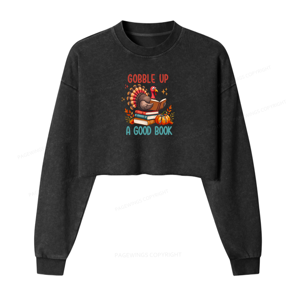 Pagewings Thanksgiving Turkey Reading Women Washed Crop Sweatshirt