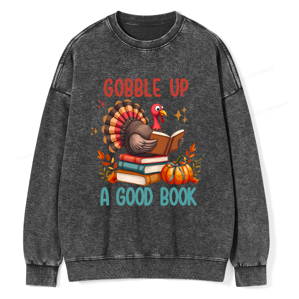 Pagewings Thanksgiving Turkey Reading Unisex Washed Sweatshirt
