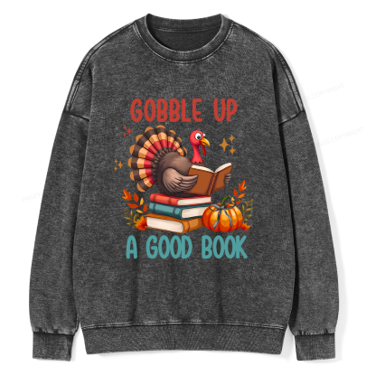 Pagewings Thanksgiving Turkey Reading Unisex Washed Sweatshirt