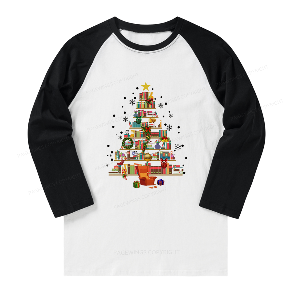 Pagewings Christmas Tree Made Of Books Long Sleeve Raglan T-shirt