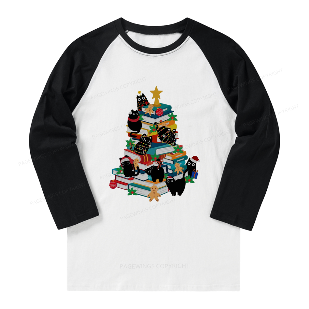 Pagewings Cute Cats Books Christmas Long Sleeve Raglan T-shirt