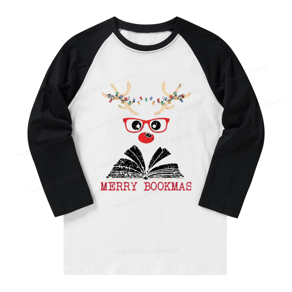 Pagewings Christmas Reindeer Reading Long Sleeve Raglan T-shirt