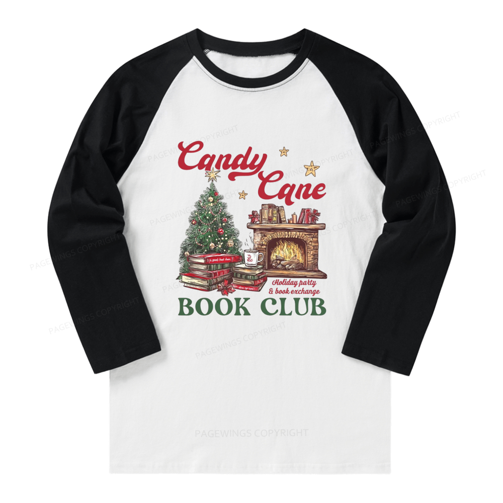 Pagewings Candy Cane Christmas Book Club Long Sleeve Raglan T-shirt