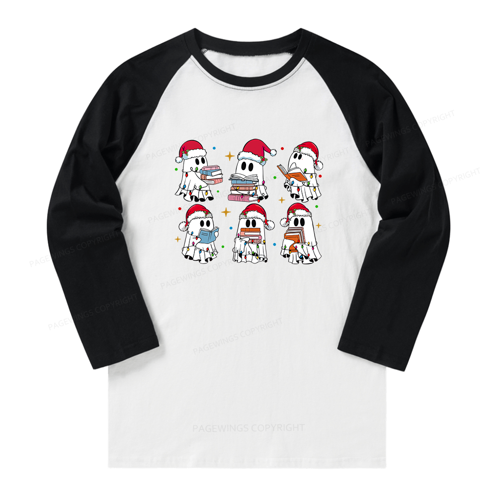 Pagewings Christmas Book Ghost Long Sleeve Raglan T-shirt