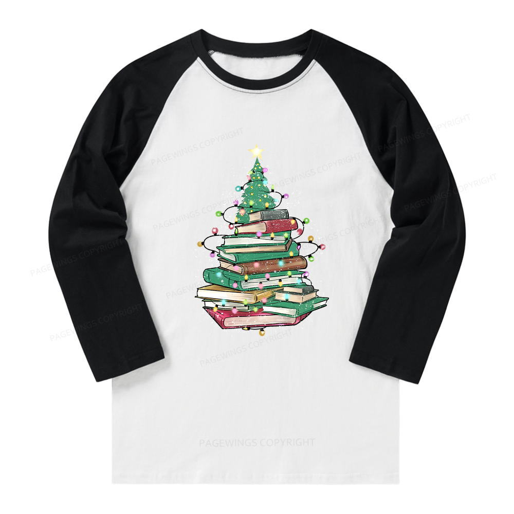 Pagewings Christmas Book Tree Long Sleeve Raglan T-shirt