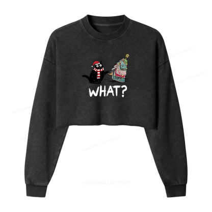 Pagewings Funny Cat Christmas Women Washed Crop Sweatshirt
