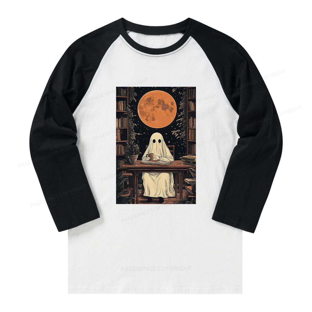 Pagewings Halloween Ghost Books Coffee  Long Sleeve Raglan T-shirt