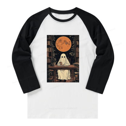 Pagewings Halloween Ghost Books Coffee  Long Sleeve Raglan T-shirt