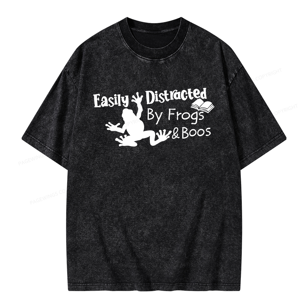 Pagewings Easily Distracted by Frogs& books Unisex Washed T-shirt