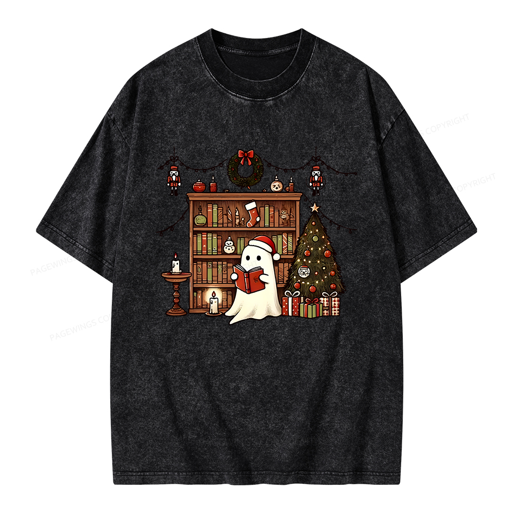 Pagewings Christmas Ghost Book Unisex Washed T-shirt