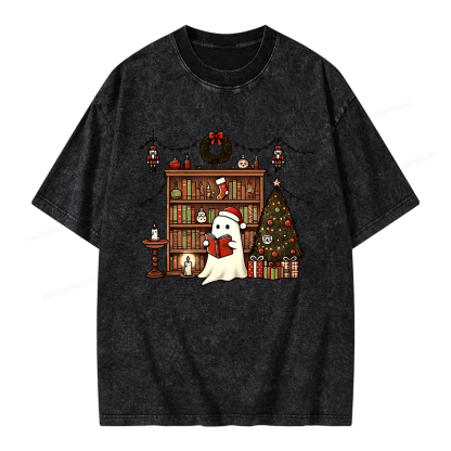 Pagewings Christmas Ghost Book Unisex Washed T-shirt