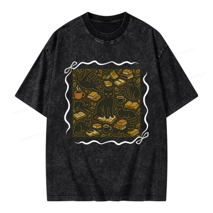 Pagewings Cats And Books Unisex Washed T-shirt