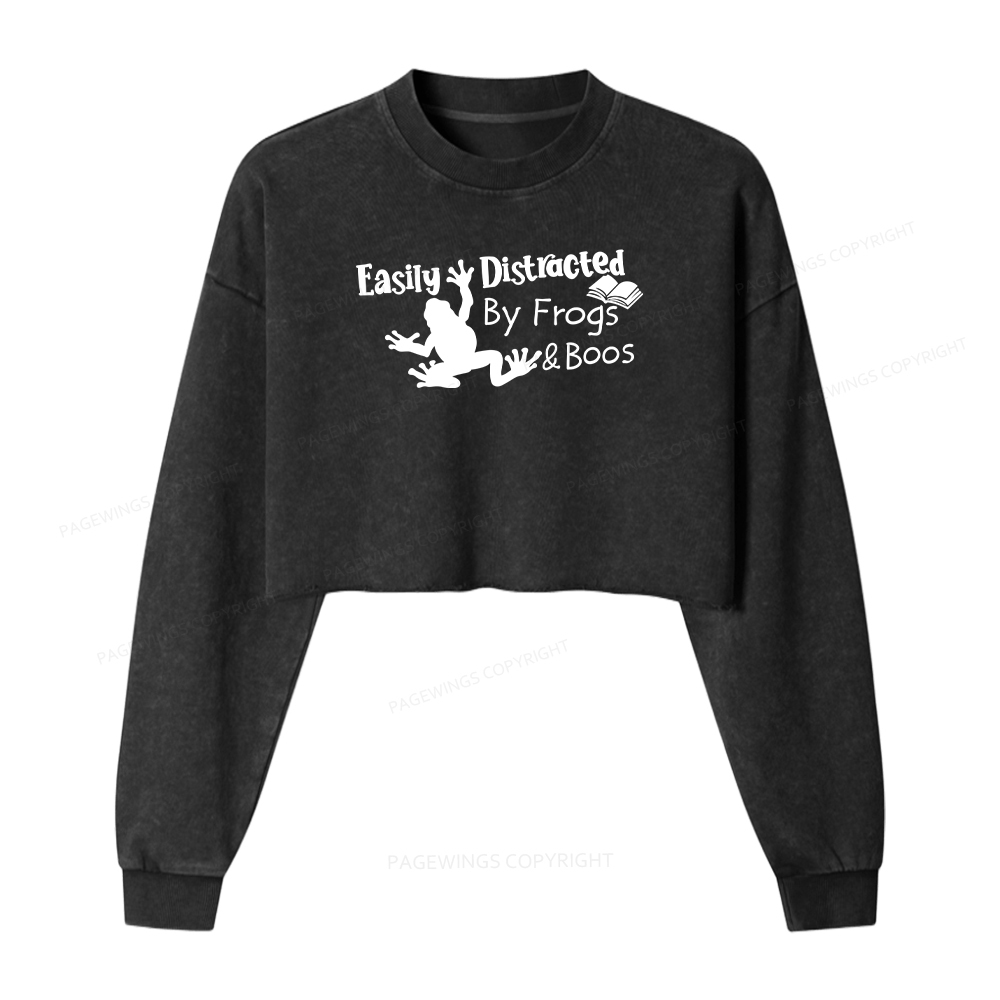 Pagewings Easily Distracted by Frogs& books Women Washed Crop Sweatshirt