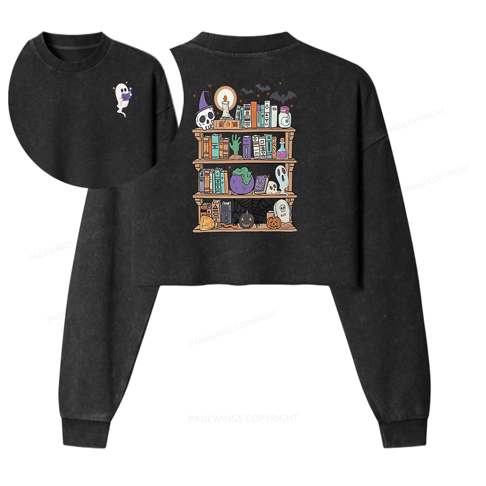 Pagewings Ghost Book Reader Halloween Women Washed Crop Sweatshirt