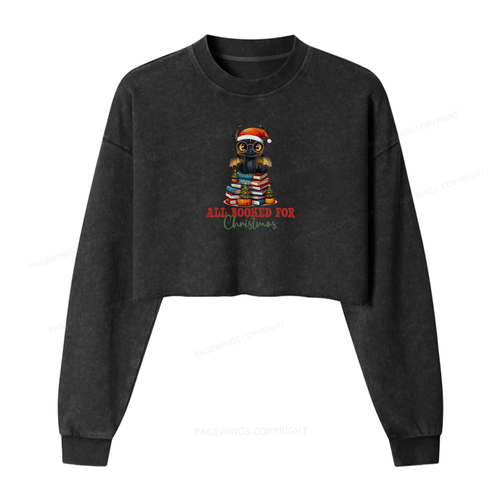 Pagewings Christmas Holiday Dragon Reader Women Washed Crop Sweatshirt