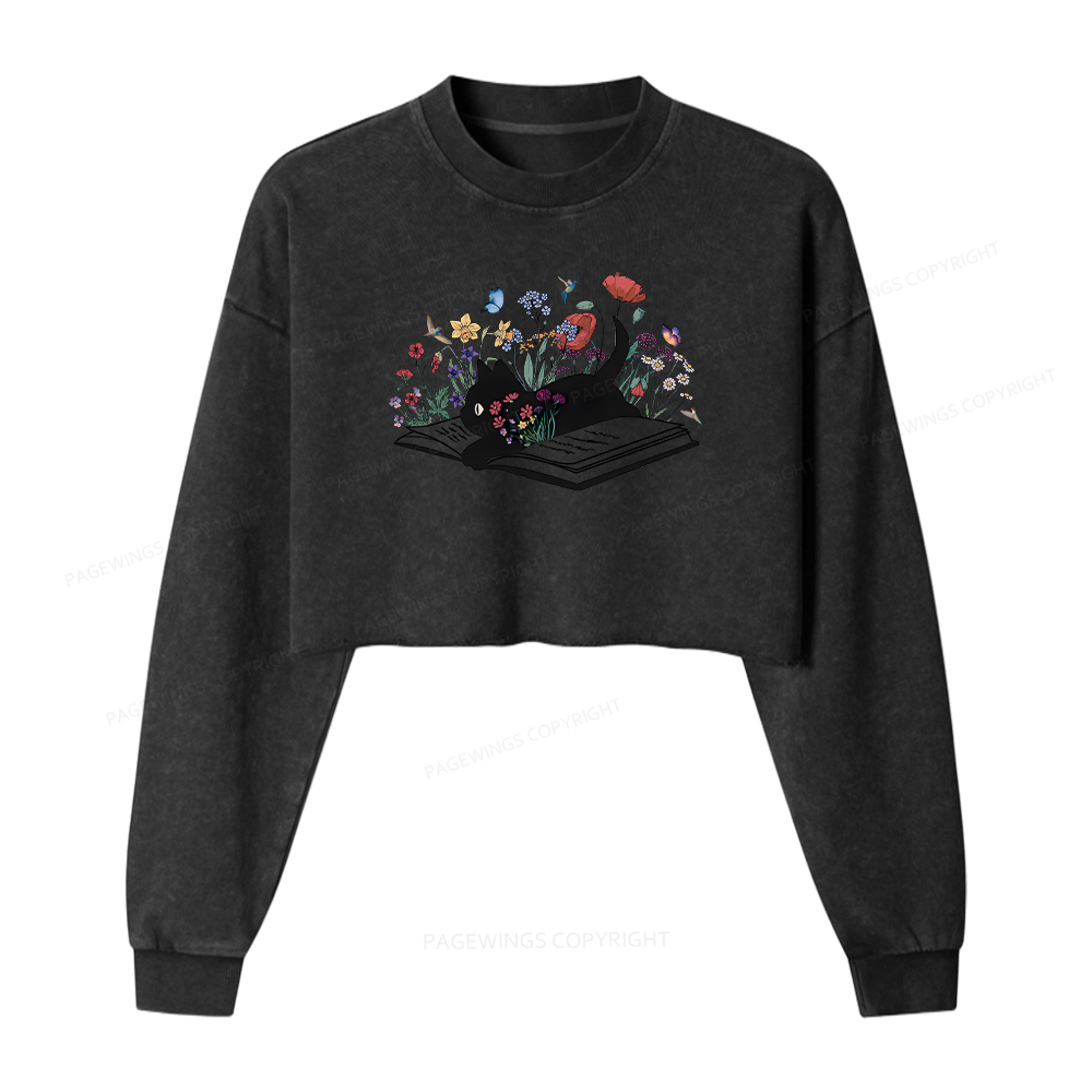 Pagewings Cute Book Cat Women Washed Crop Sweatshirt