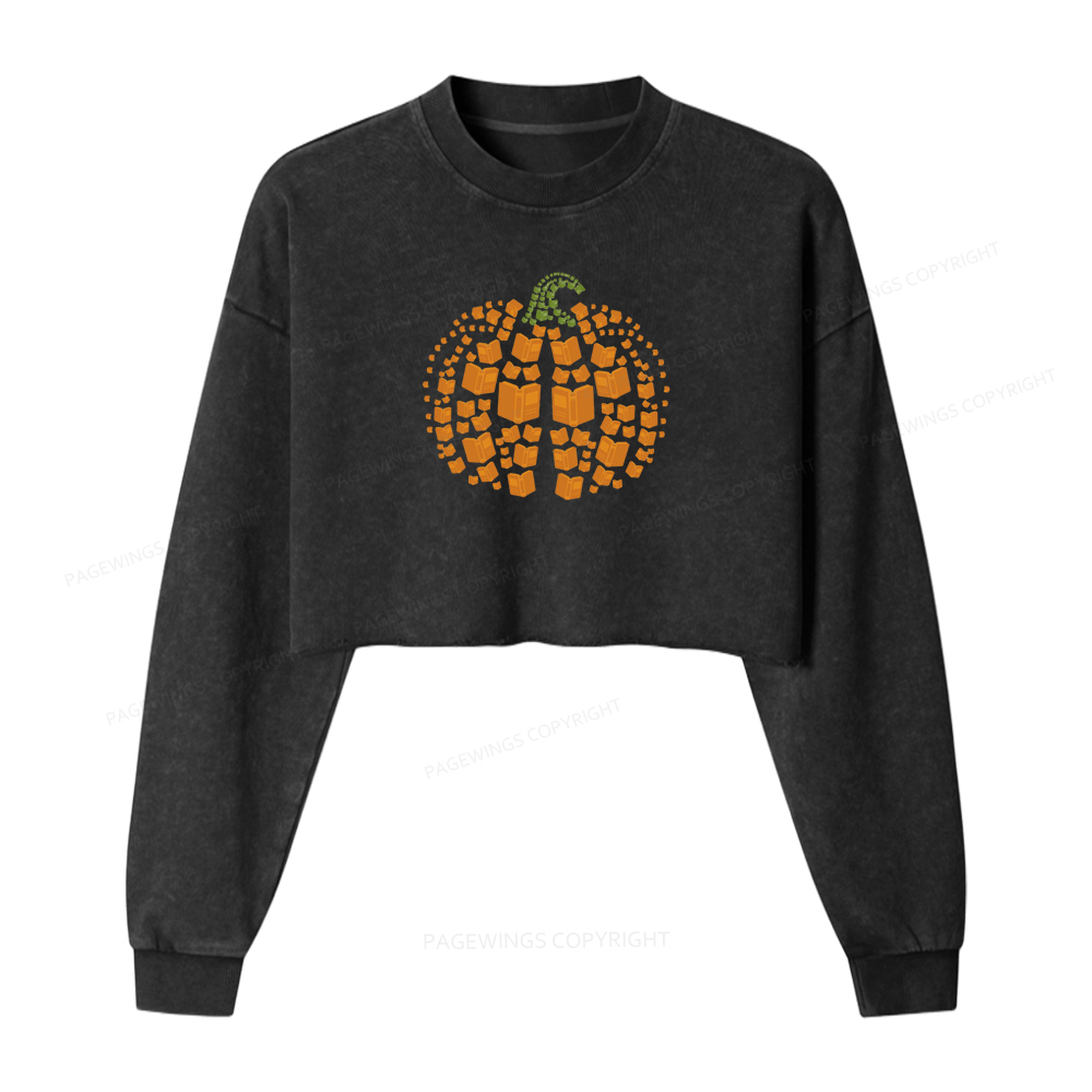 Pagewings Thanksgiving Book Pumpkin Women Washed Crop Sweatshirt