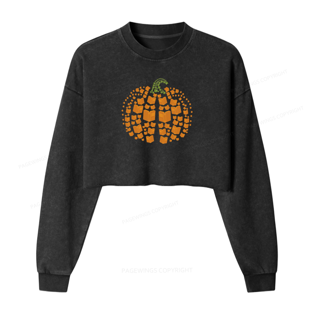 Pagewings Thanksgiving Book Pumpkin Women Washed Crop Sweatshirt