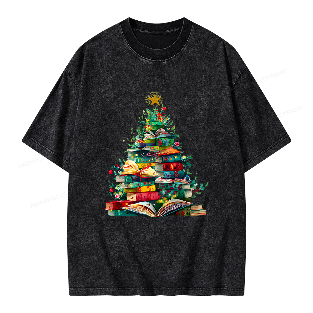 Pagewings Christmas Book Tree Unisex Washed T-shirt