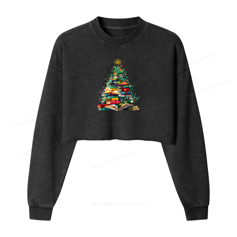 Pagewings Christmas Book Tree Women Washed Crop Sweatshirt
