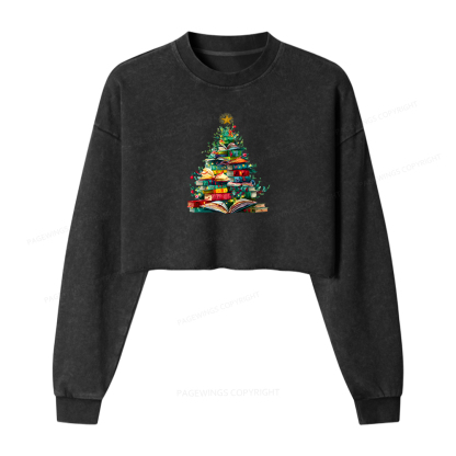 Pagewings Christmas Book Tree Women Washed Crop Sweatshirt