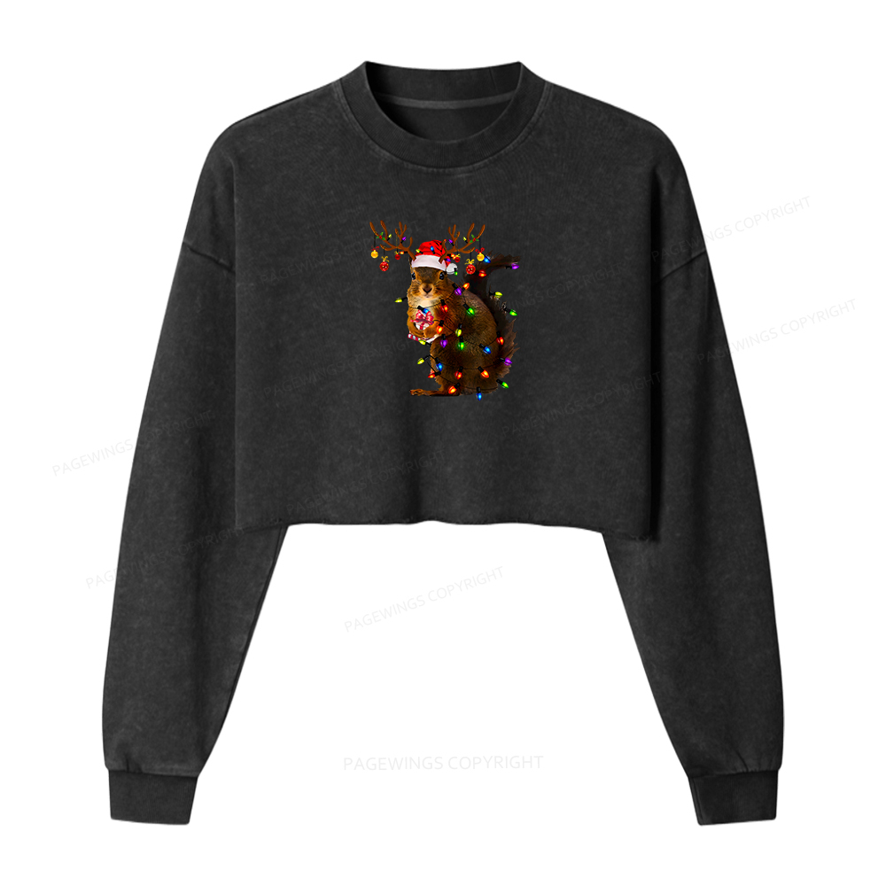 Pagewings Christmas Squirrel Lights Women Washed Crop Sweatshirt
