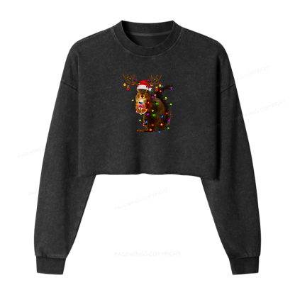 Pagewings Christmas Squirrel Lights Women Washed Crop Sweatshirt