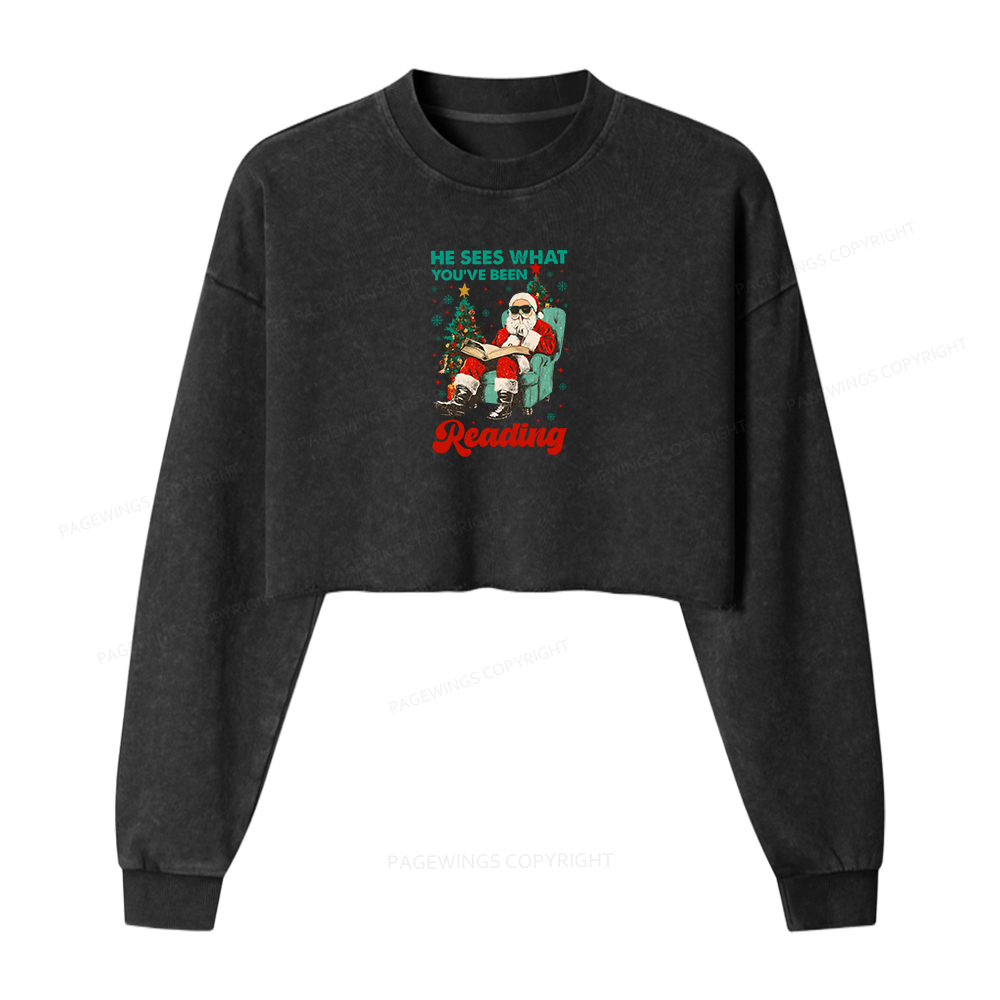 Pagewings Christmas Reading Women Washed Crop Sweatshirt
