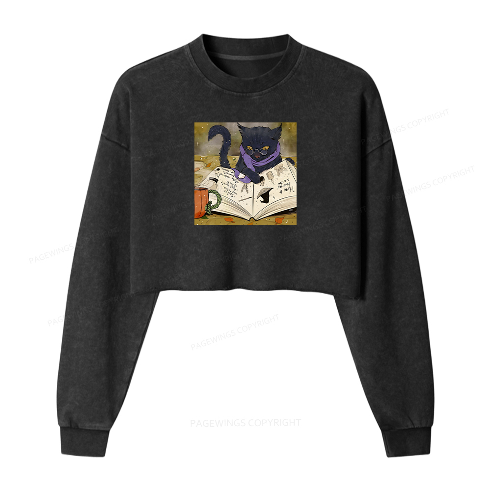 Pagewings Magic Book Lover Women Washed Crop Sweatshirt
