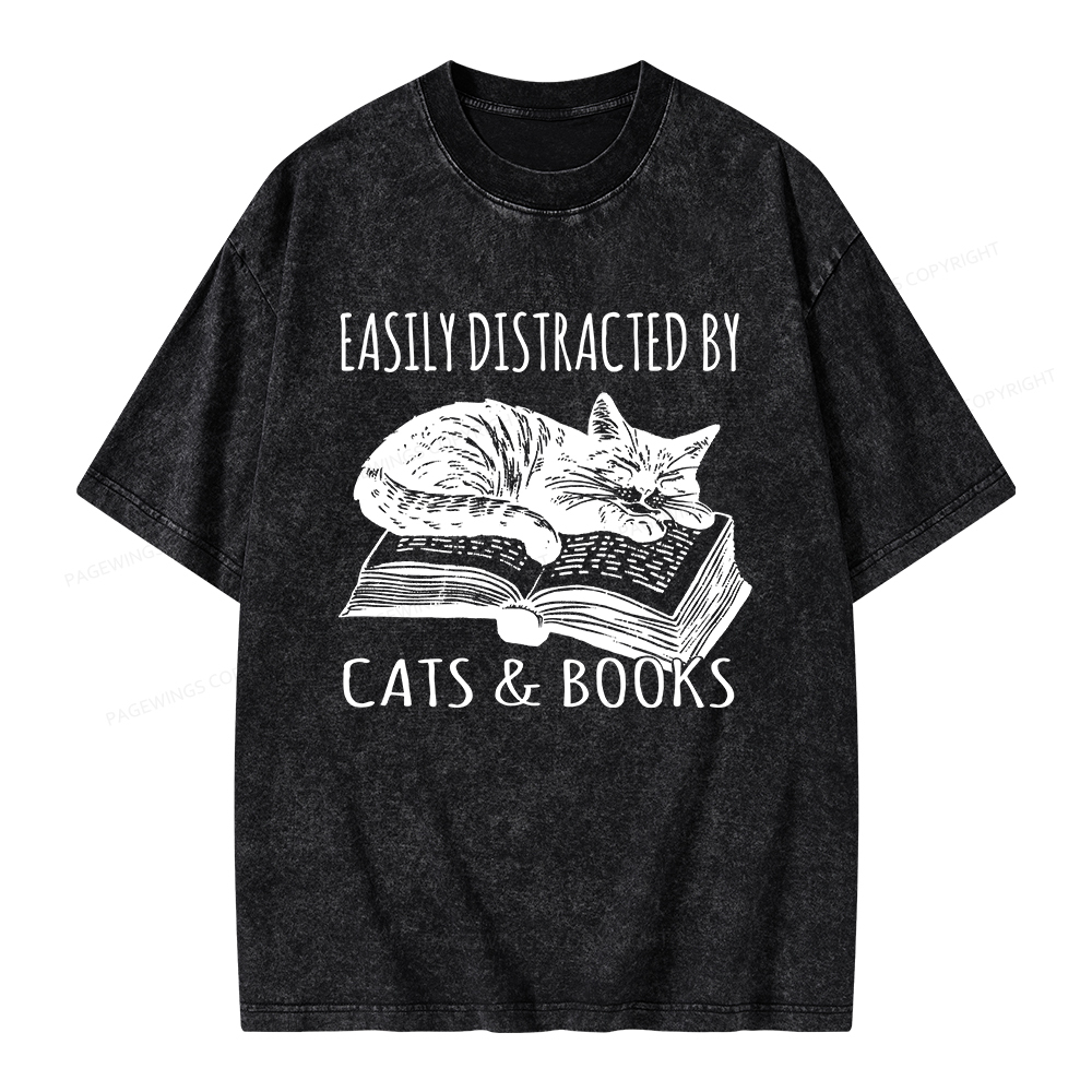 Pagewings Easily Distracted By Cats & Books Unisex Washed T-shirt