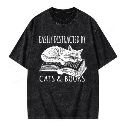 Pagewings Easily Distracted By Cats & Books Unisex Washed T-shirt