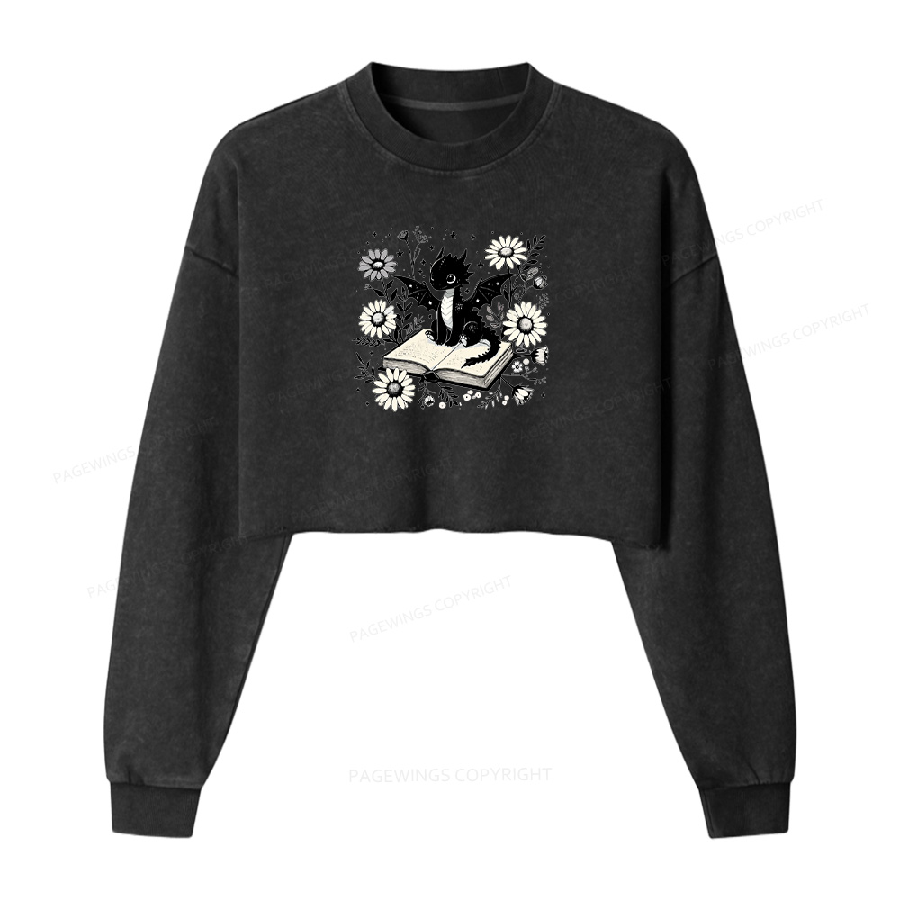 Pagewings Bookworm Dragon Women Washed Crop Sweatshirt