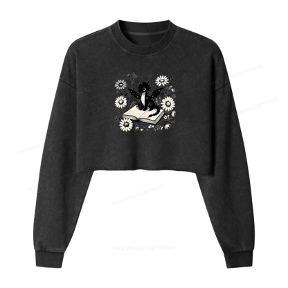 Pagewings Bookworm Dragon Women Washed Crop Sweatshirt