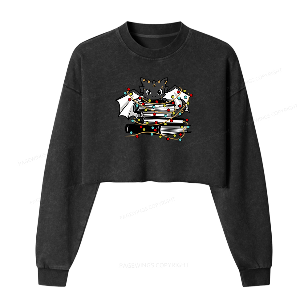 Pagewings Cute Book Dragon Holiday Women Washed Crop Sweatshirt
