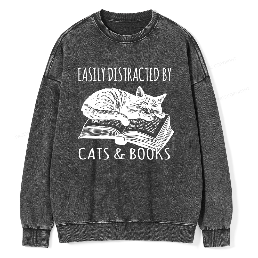 Pagewings Easily Distracted By Cats & Books Unisex Washed Sweatshirt
