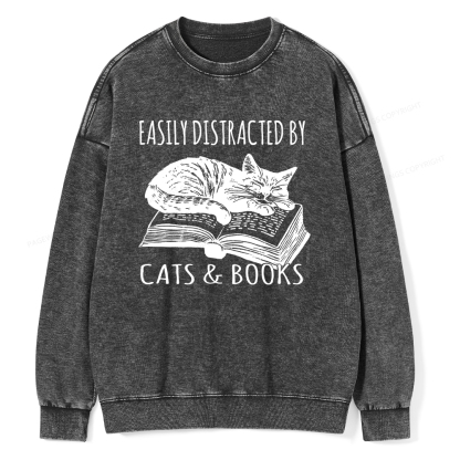 Pagewings Easily Distracted By Cats & Books Unisex Washed Sweatshirt
