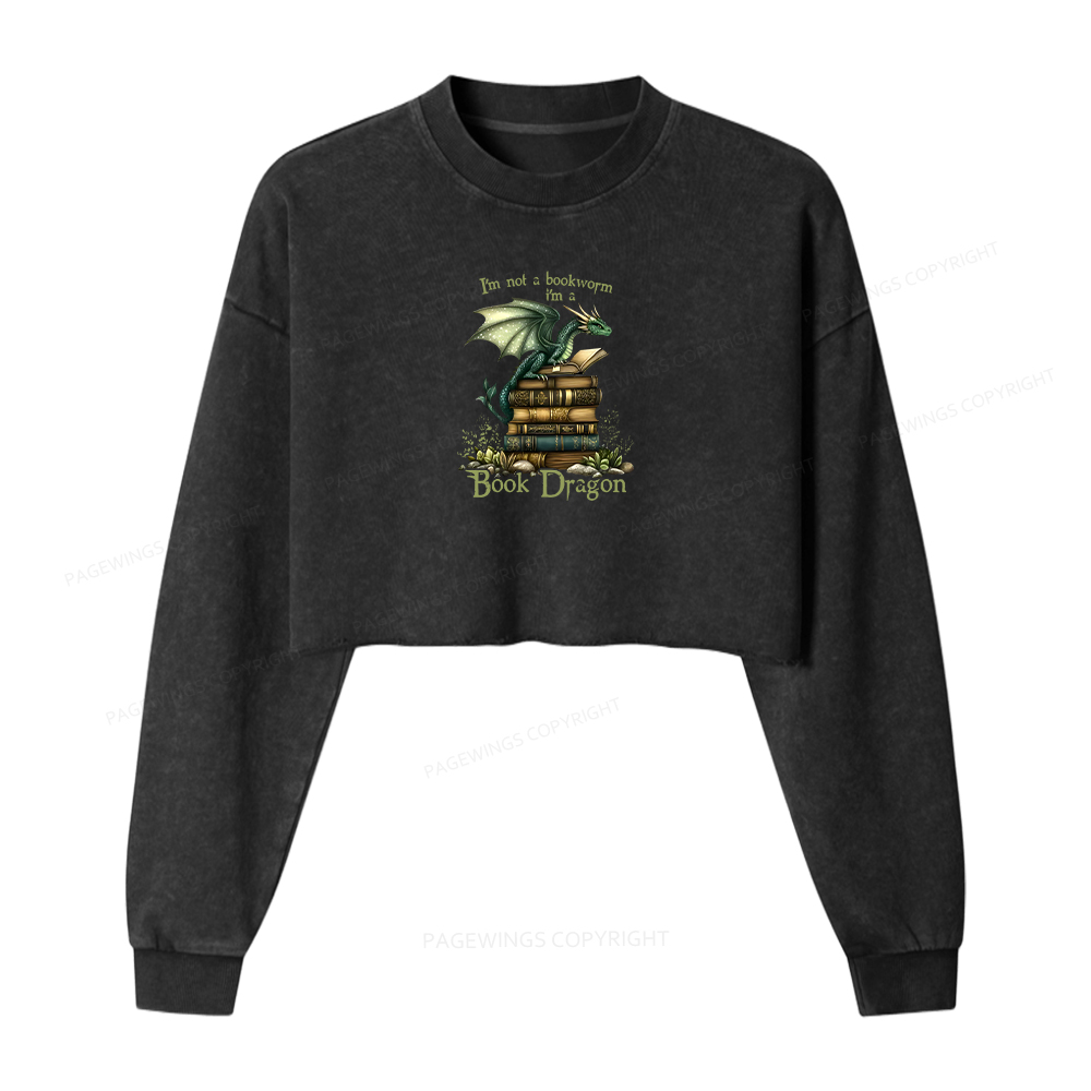 Pagewings Book Dragon Women Washed Crop Sweatshirt