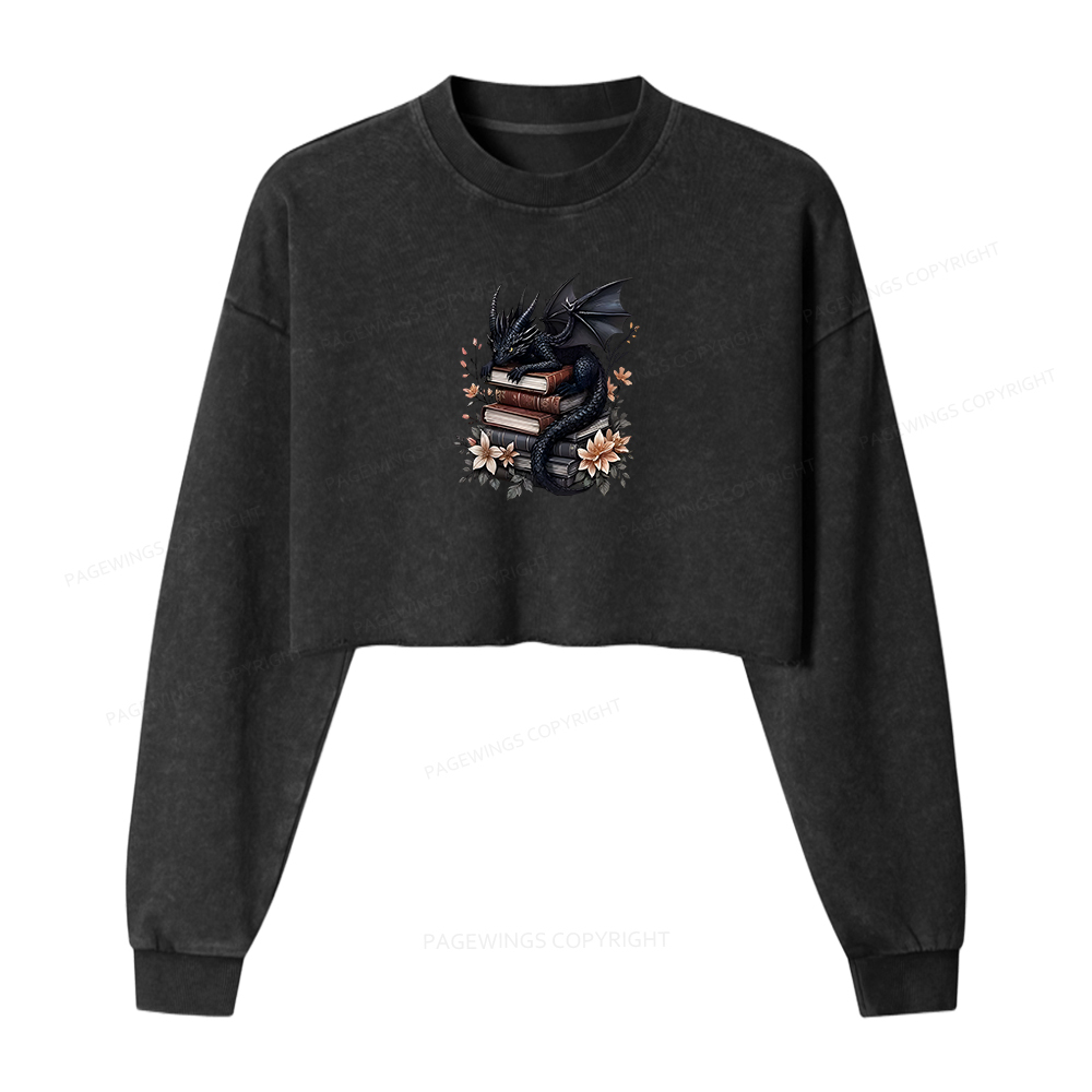 Pagewings Black Dragon Book Women Washed Crop Sweatshirt