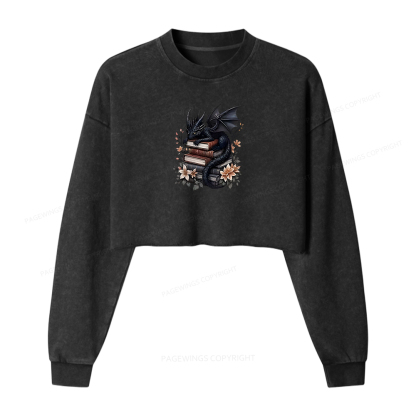 Pagewings Black Dragon Book Women Washed Crop Sweatshirt