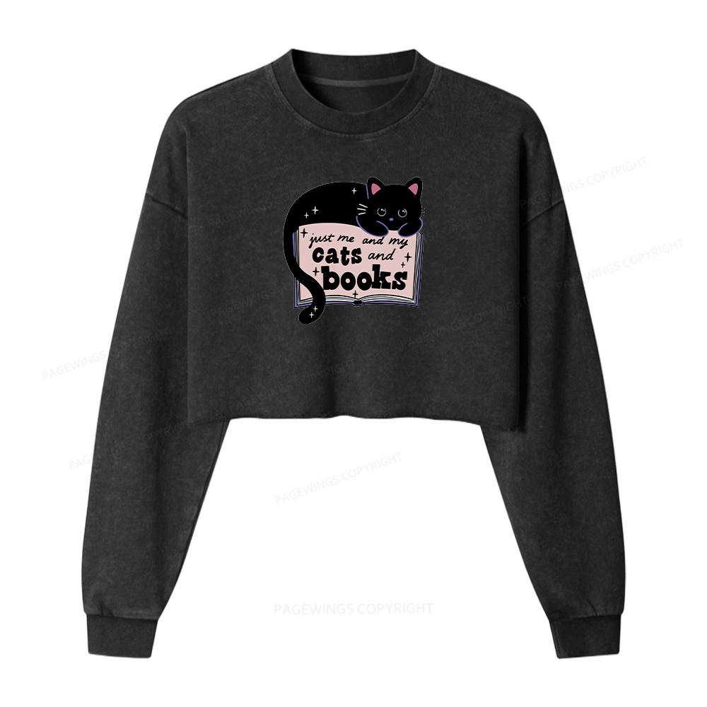 Pagewings Just me my Cats and Books Women Washed Crop Sweatshirt