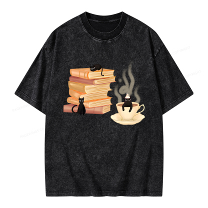 Pagewings Coffee Cats and Books Unisex Washed T-shirt