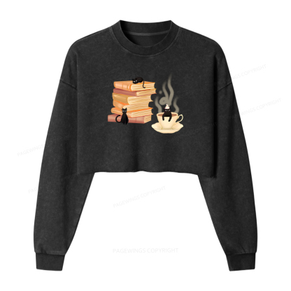 Pagewings Coffee Cats and Books Women Washed Crop Sweatshirt