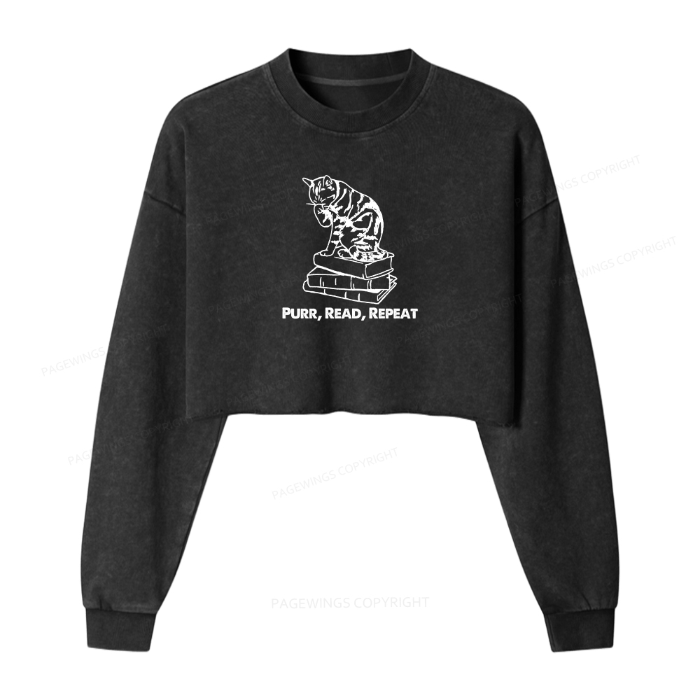 Pagewings Purr, Read, Repeat Women Washed Crop Sweatshirt