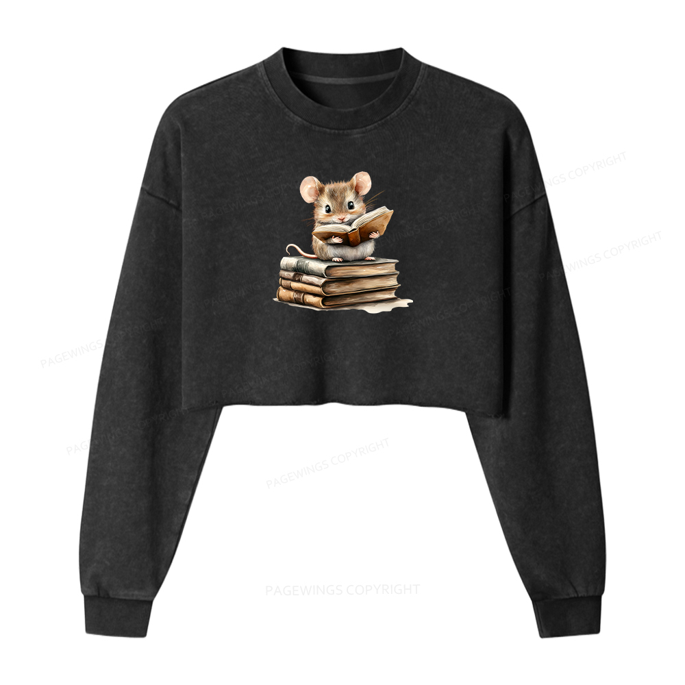 Pagewings Just A Mouse Who Loves Reading Women Washed Crop Sweatshirt