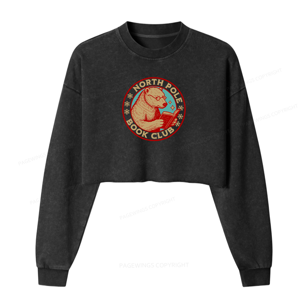 Pagewings North Pole Book Club Women Washed Crop Sweatshirt