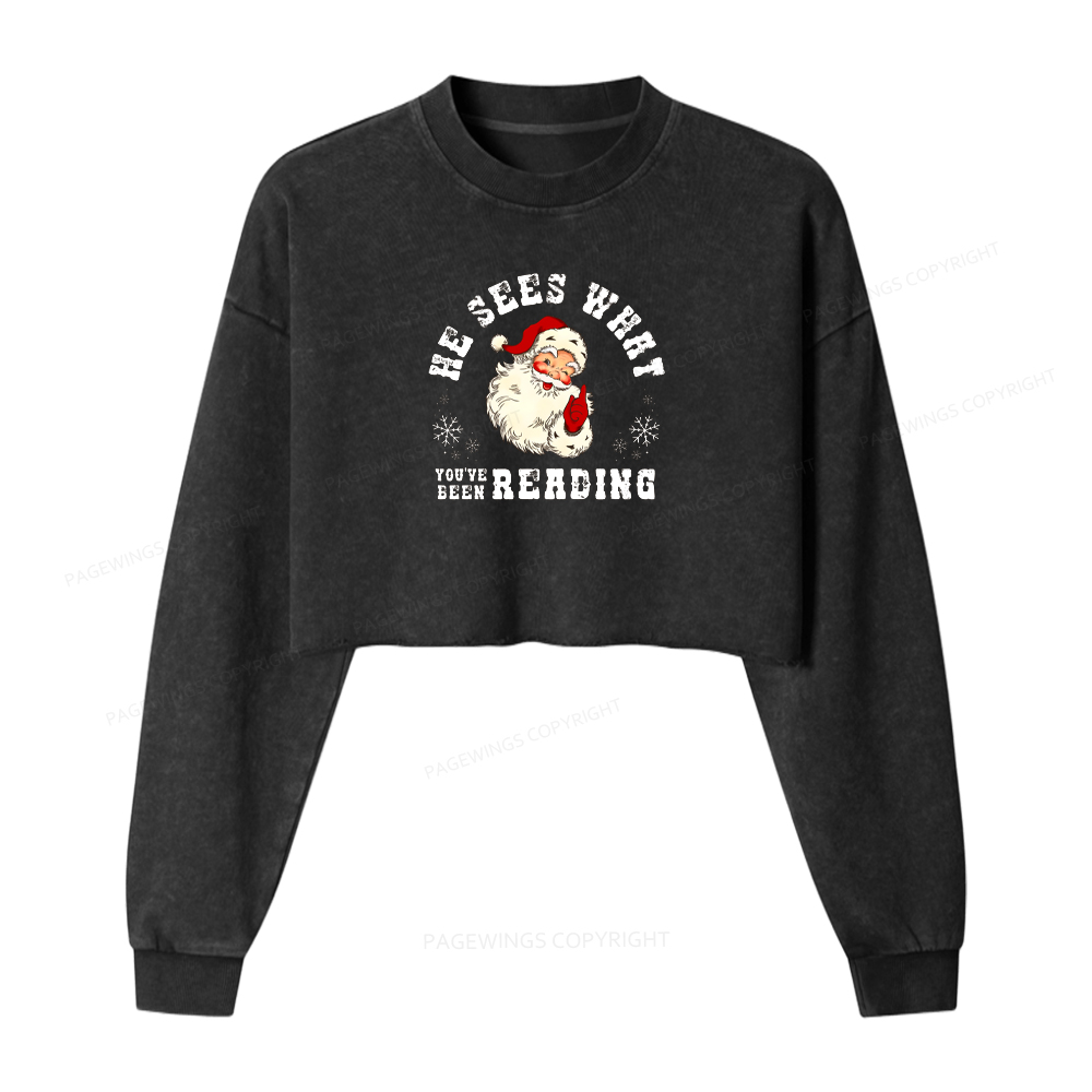 Pagewings He Sees What You've Been Reading Women Washed Crop Sweatshirt